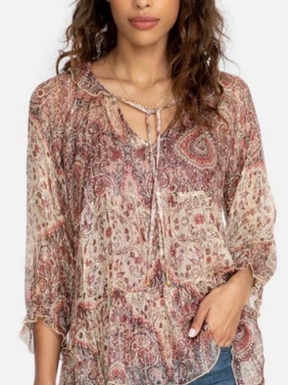 Johnny Was Bilbao Tiered Top Silk Metallic Blouse Tunic Size XS